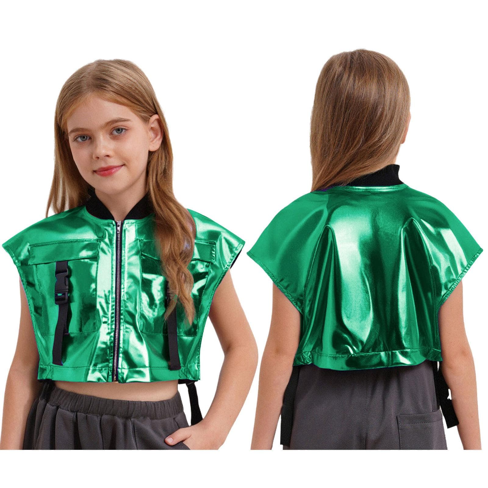 Kids Girls Jazz Dance Stage Vest: Sides Open Metallic Jacket with Zipper & Buckle Pockets, Sleeveless Performance Top 13-14 Years green