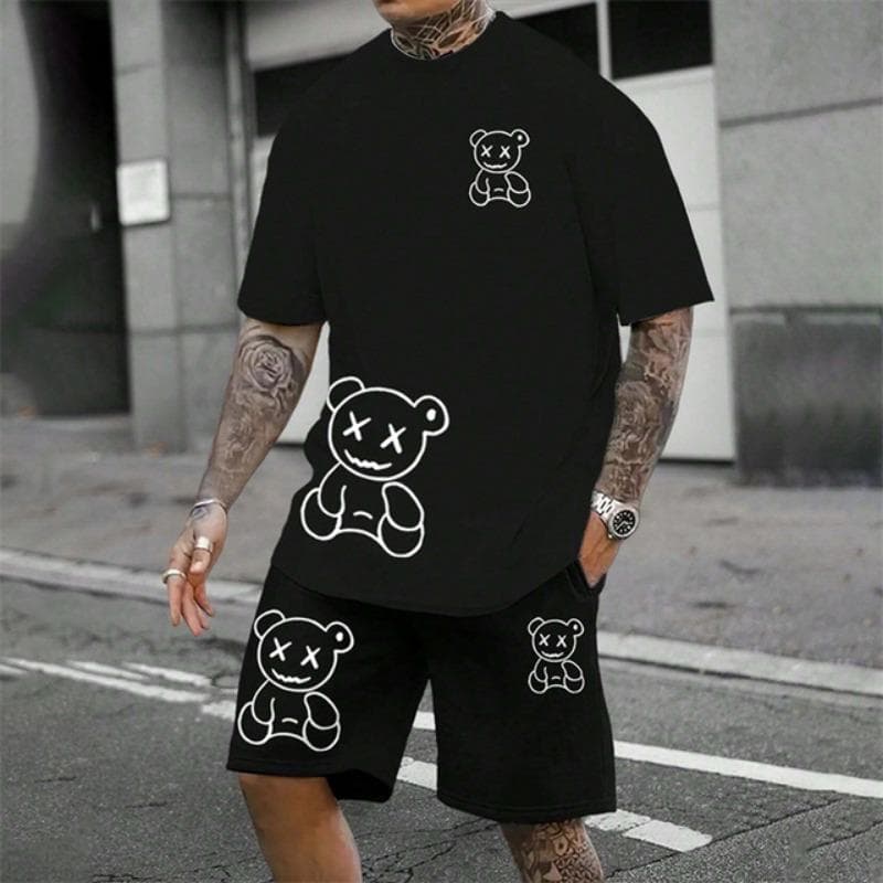 2025 Fun Bear Harajuku T-Shirt Men's Summer Loose Daily Couple Suit Outdoor Street Short Sleeve Shorts Two Piece Men Summer Suit S