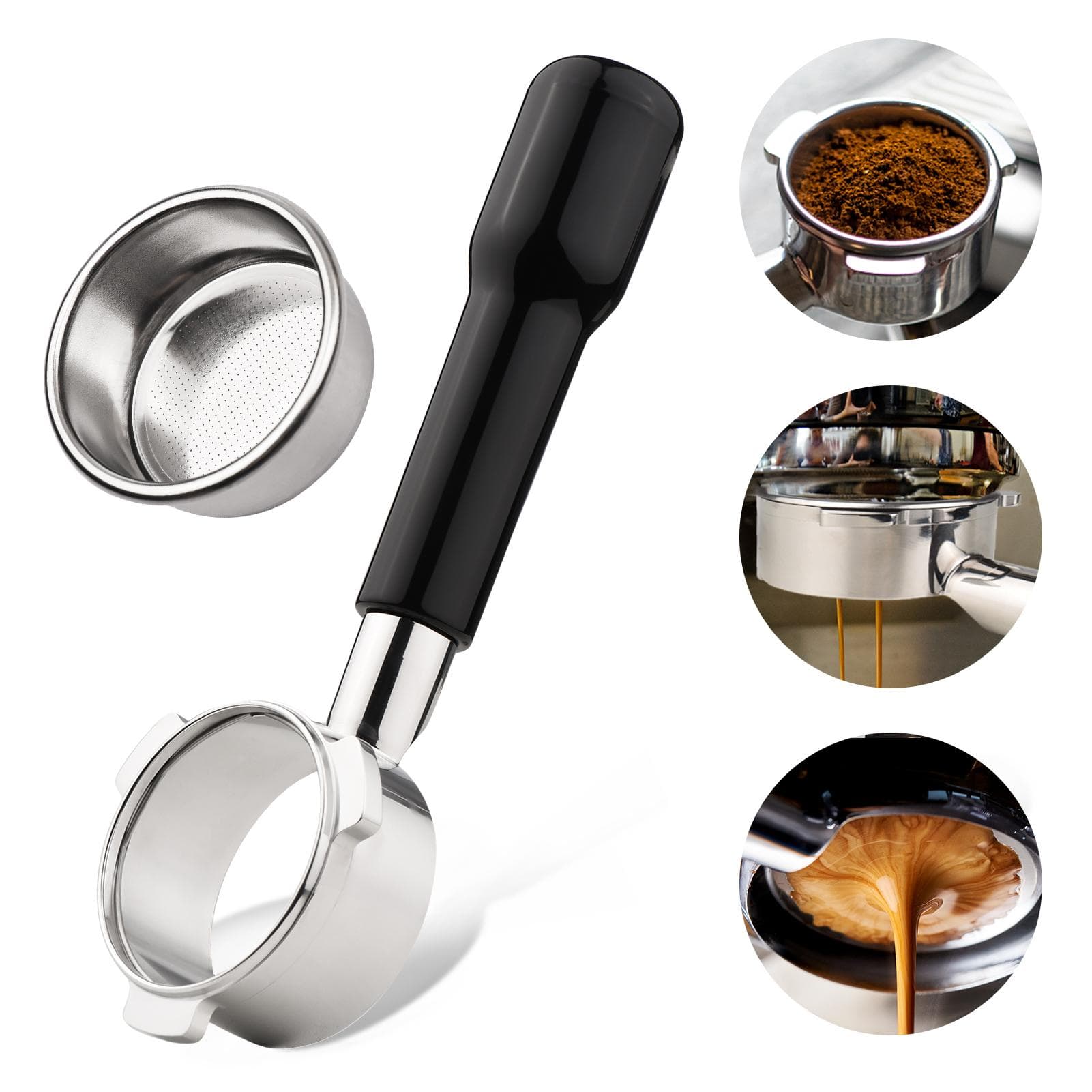 54mm 3 Ears Stainless Steel Bottomless Naked Portafilter Wooden Coffee Handle Cup Filter Basket Plastic material black