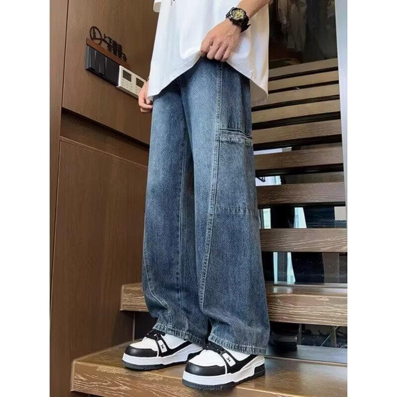 Retro Brown Multi-pocket Work Jeans Men's High Street Straight-flare Trousers 3XL blue
