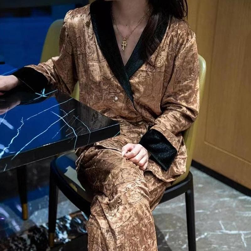 Pajamas Autumn and Winter Women's Velvet 2-piece Pajamas Set Home Wear Cardigan Trousers Set Casual Velvet Home Wear XL