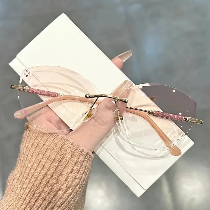 Butterfly Pink Gradient Cat Eye Presbyopic Glasses Frameless Diamond Reading Glasses Glitter Rhinestone Readers for Women 3.5