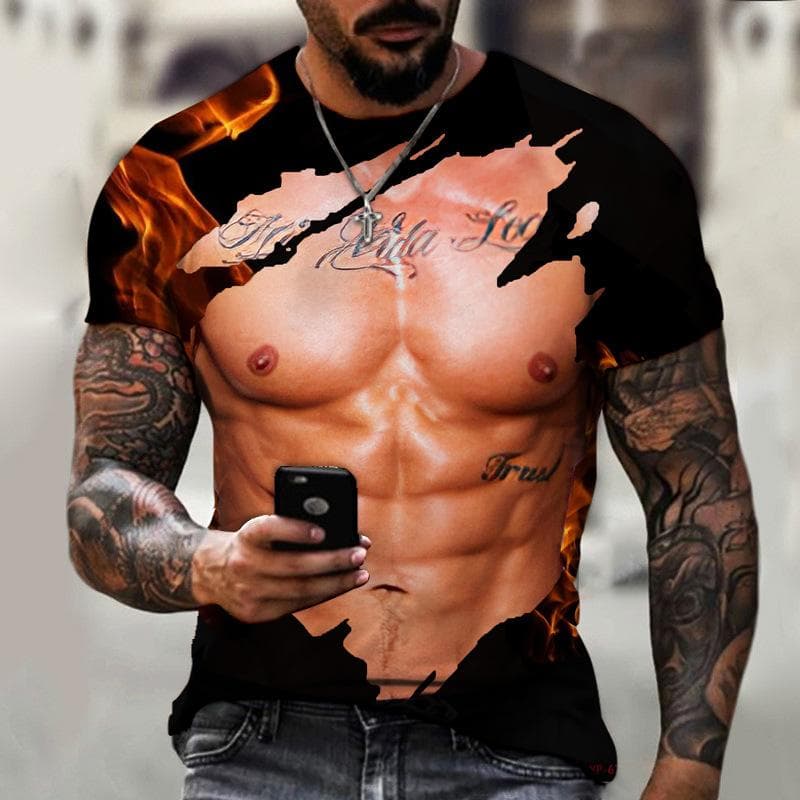 Muscle Men T-shirt Abdominal Muscle3D Printed Men's Fashion Personality Short Sleeve Summer Cool Streetwear Oversized Tops 2XL
