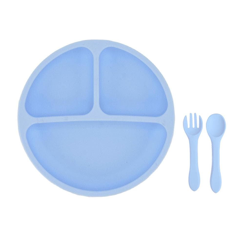 Silicone Plates for Babies Toddlers Self Feeding Baby Plate with Silicone Spoon & Fork BPA Free light blue