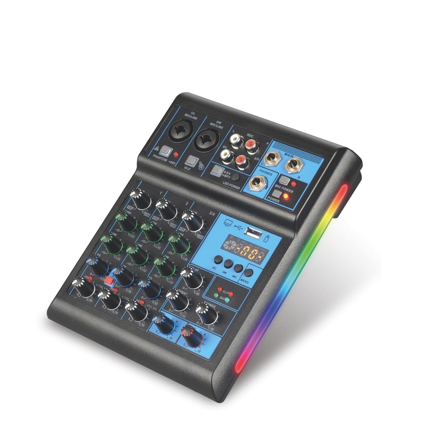 Professional 4-Channel Audio Mixer with Dual Wireless Microphones, 48V Phantom Power, Bluetooth, USB for Karaoke & Stage black