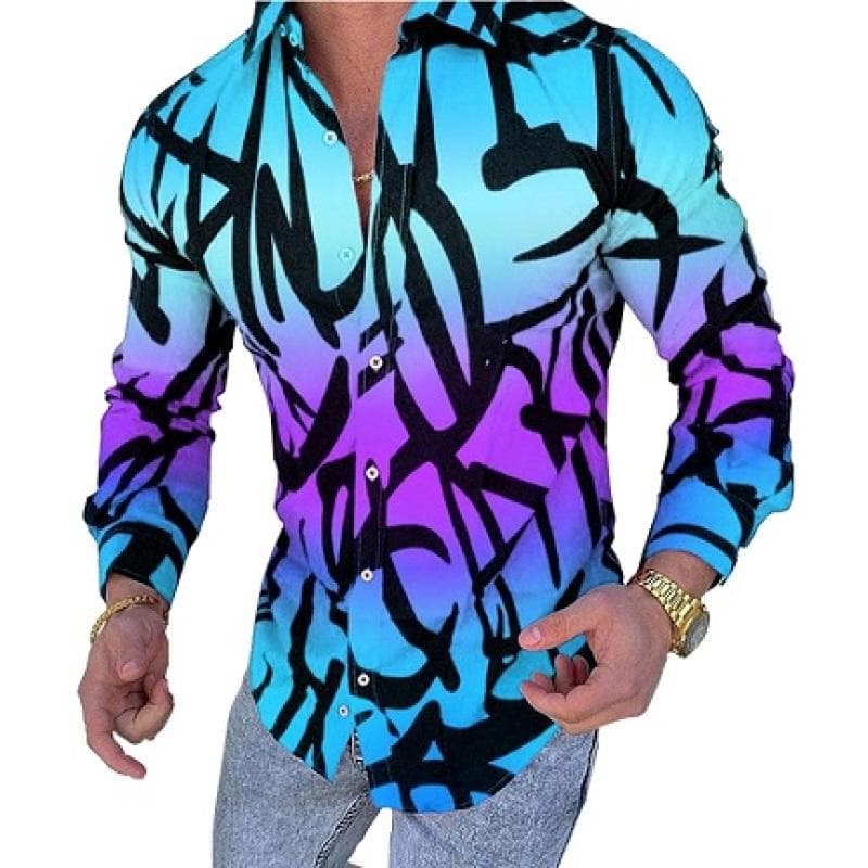 Casual Striped Print Color Trend Color Contrast Design Men's Long Sleeve Shirt 3XL purple