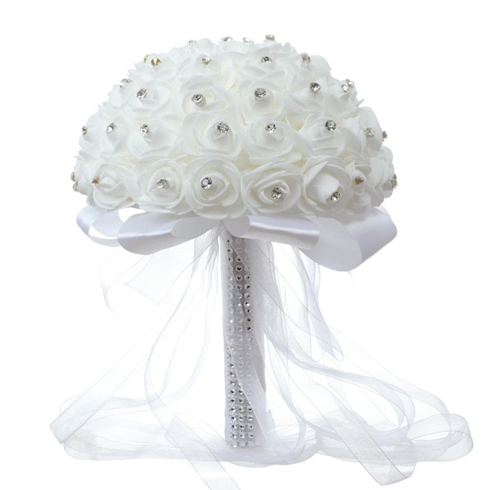 White Bridal Wedding Bouquet Artificial Rose Bouquet with Crystal Pearl for Wedding Engagement Home