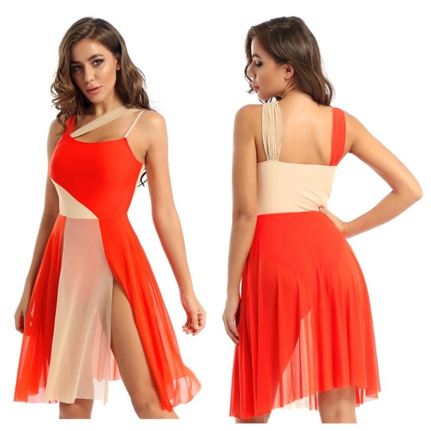 Sleeveless Color Block Ballet Dance Gymnastic Bodysuit Mesh Overlay Ballet Contemporary Dance Dress Lyrical Leotard Performance Costume S orange