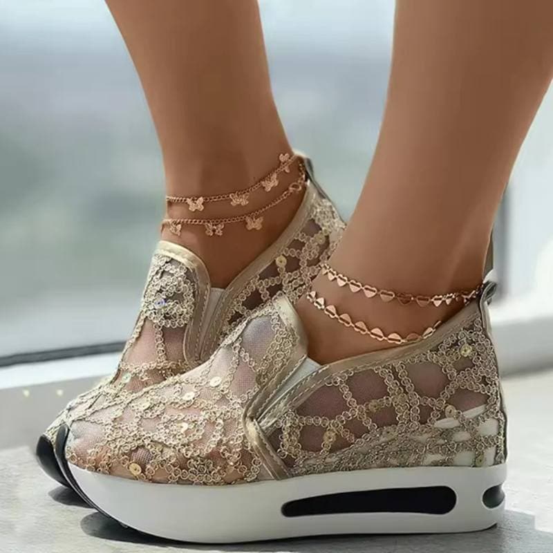 Ladies Breathable Knitted Mesh Sneakers Women'S Tennis Shoes Pointed Flat Bottomed Single Shoes Female Sneakers Sandalias Planas 37 gold