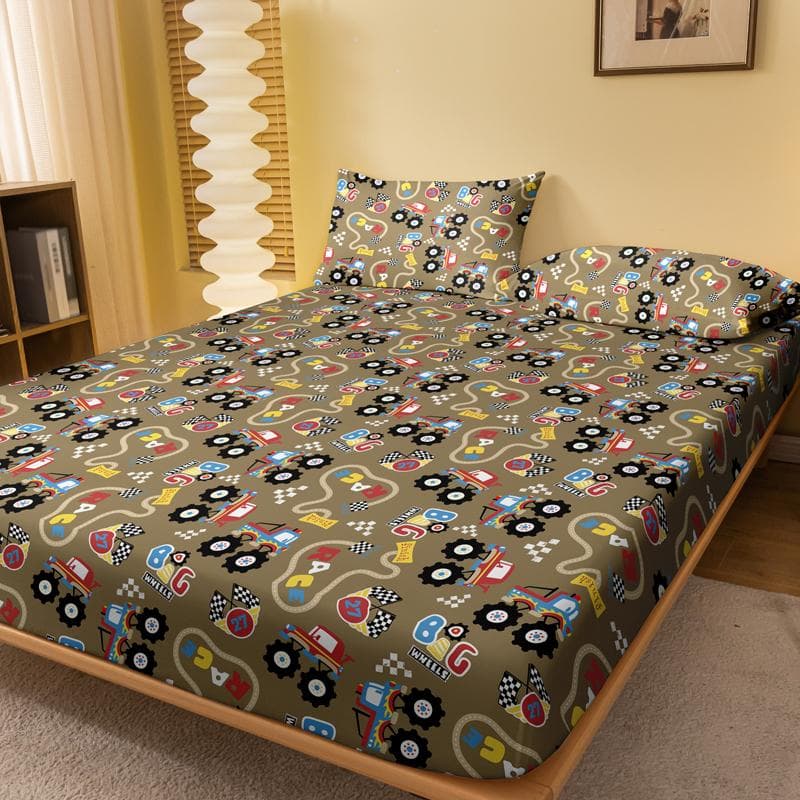 1Pcs Mountain Construction Pattern Brushed Fitted Bed Sheets, Printed Bed Cover For Bedroom, Bedding (Excluding Pillowcases) 71x132cm