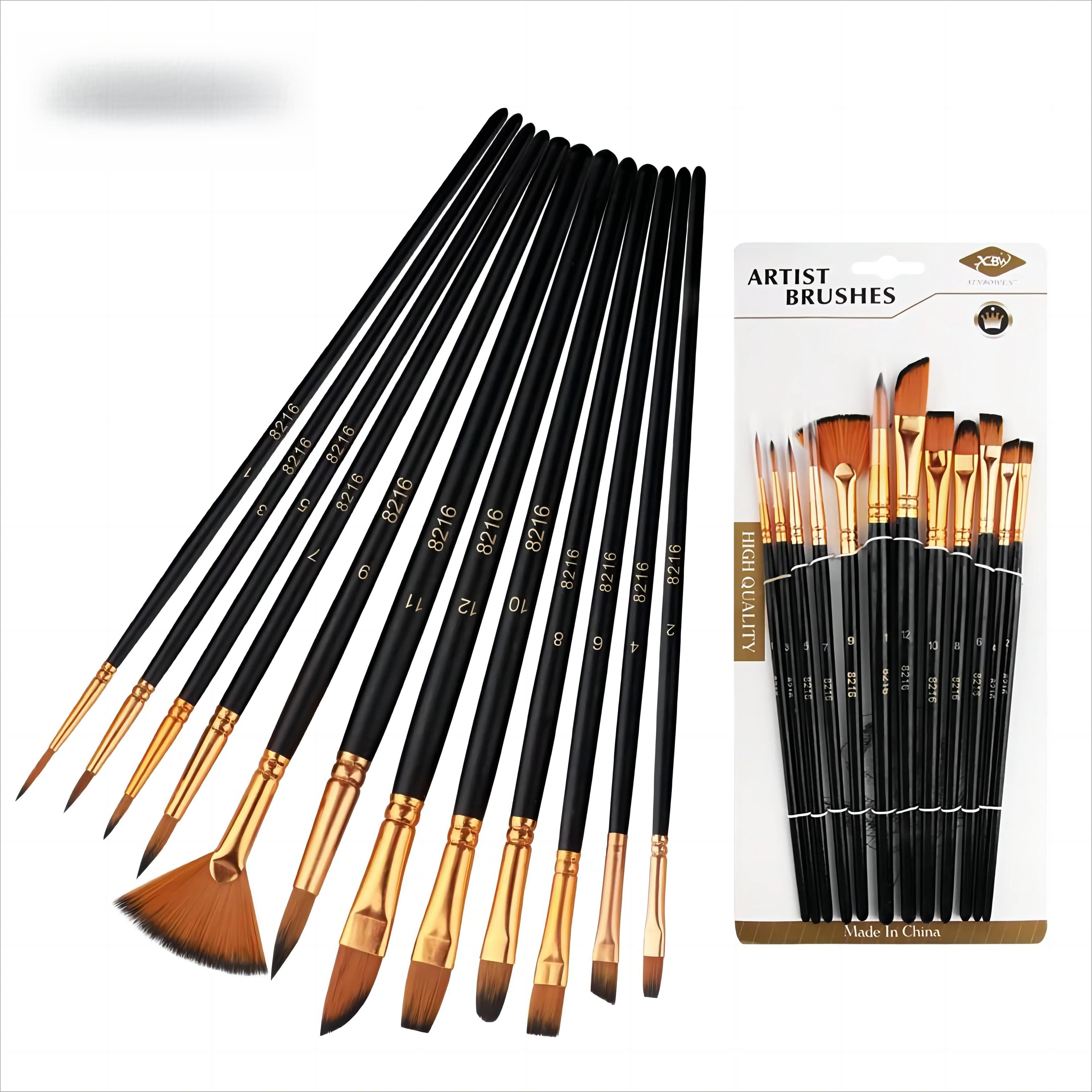 12 PCS Nylon Bristle Brush Set, Nylon Flat Brushes, Watercolor Brushes, Oil Paint, Artists, Amateur Acrylic Painting black