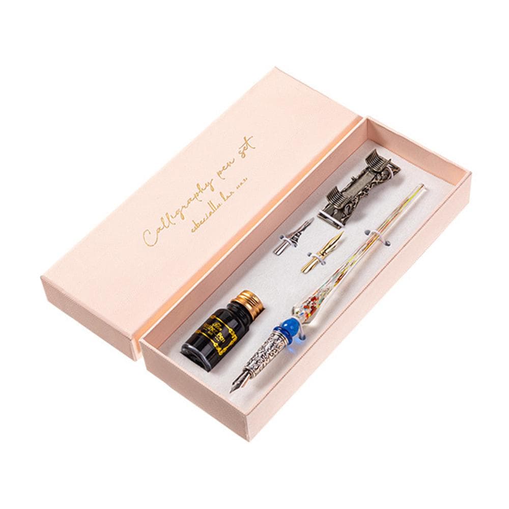 Retro Glass Dip Ink Pen Set Vintage Quill Pen Calligraphy Crystal Writing Signature Ink Dipped Pen transparent
