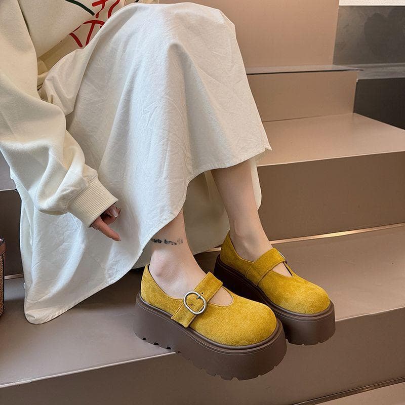Cute college style platform Boken shoes single shoes 2025 new retro British style one-pedal loafers small leather shoes 38 yellow