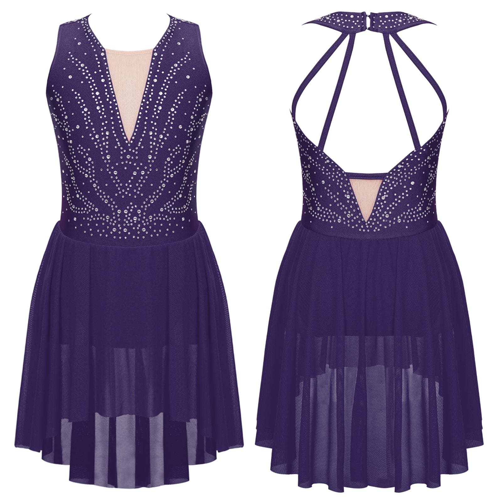Kids Girls Rhinestone Figure Skating Ballet Lyrical Performance Dress Strappy Back Asymmetrical Hem Sleeveless Dance Dresses 7-8 Years