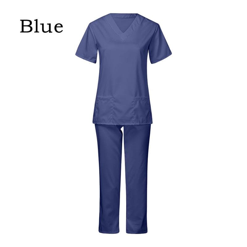 Two Piece Set Scrub Suit Nursing Uniform Set Tops+Pants V-neck Short Sleeved Fast-drying Suits M blue