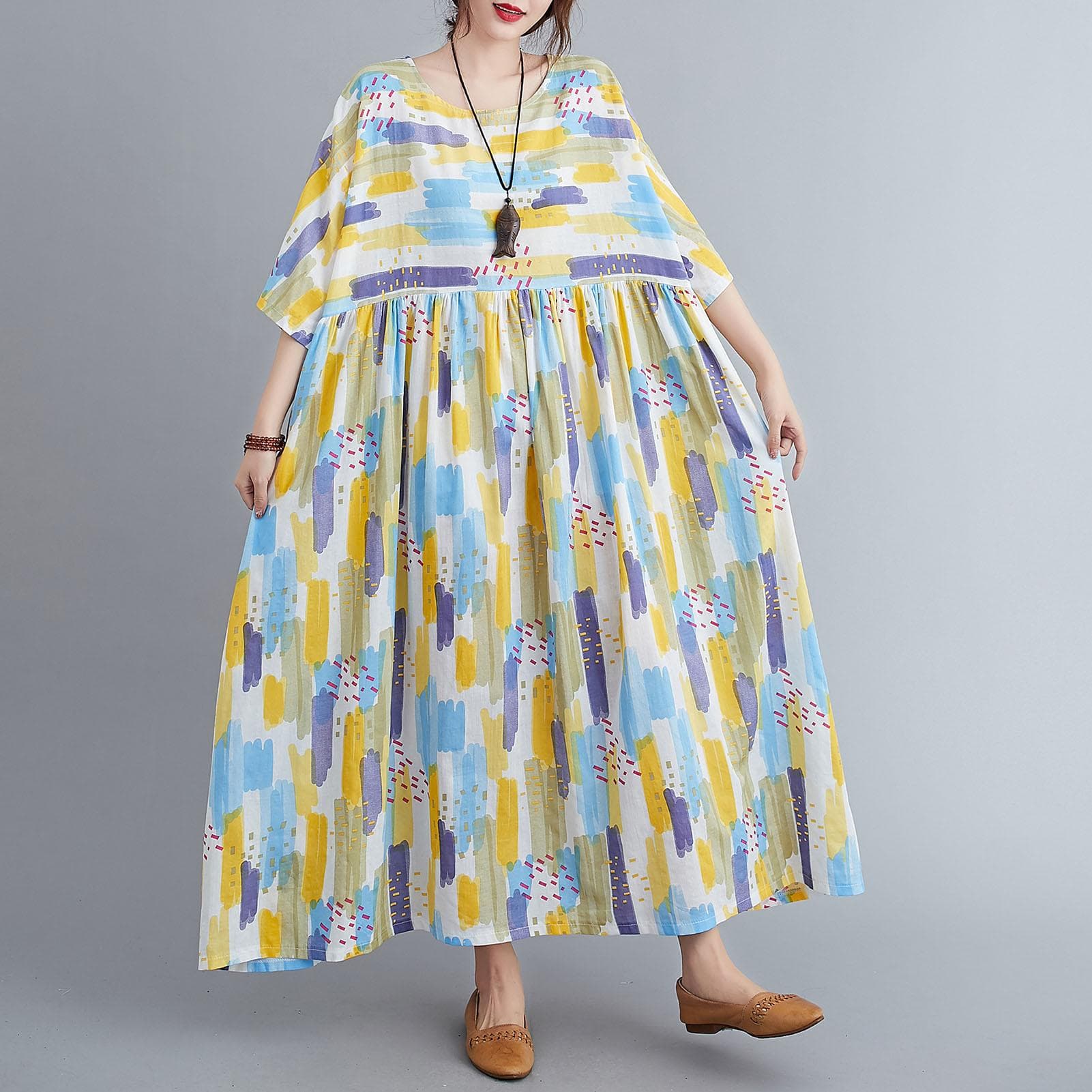 Women Loose Dress Vintage Floral Print Pockets Half Sleeve Oversized Holiday Boho Casual Robes One Size green