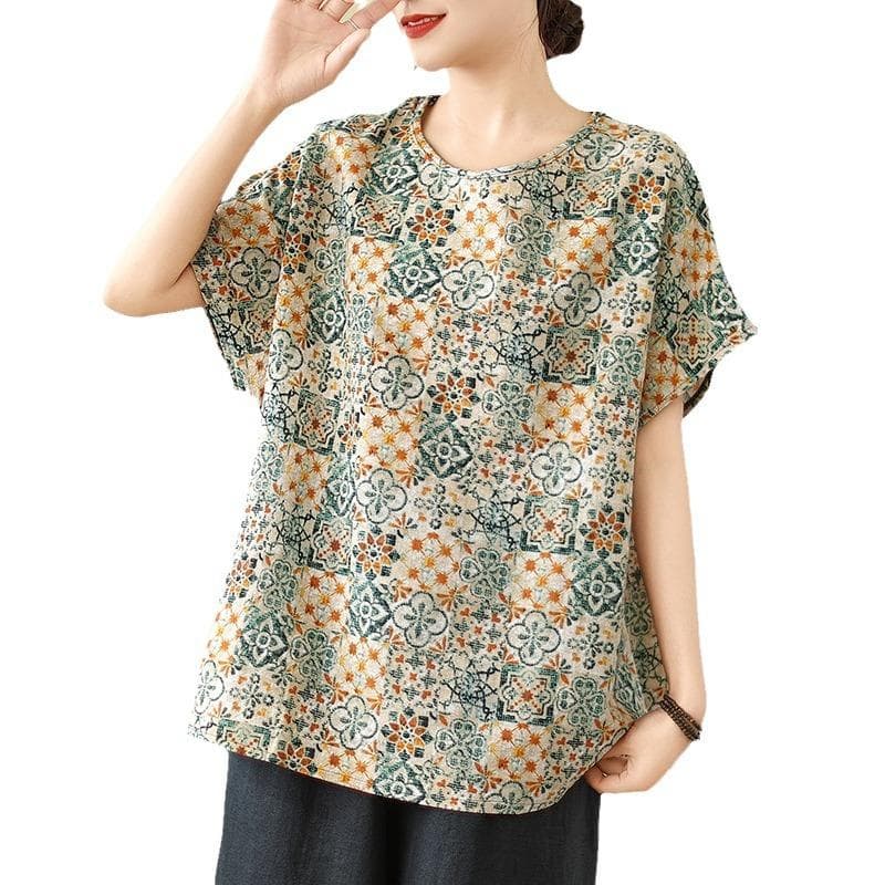 Fat Girl Large Size Women's Summer Literary Retro Round Neck Printed Shirt Loose Meat Covering Versatile Cotton and Linen Top T 4XL
