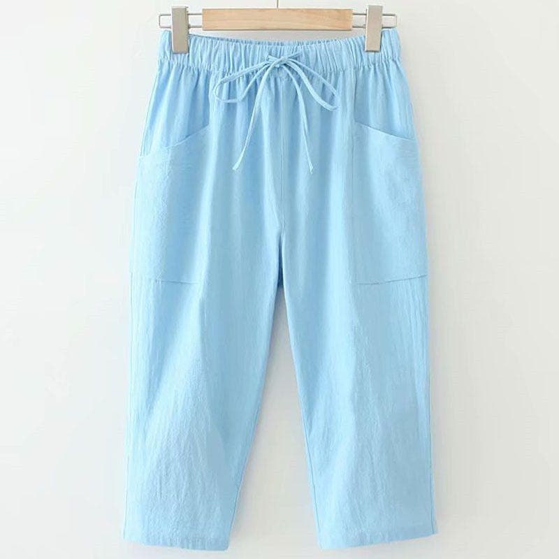 Plus Size Plus-size Summer New Loose-fit Women's Clothing Elastic Waist Straight-leg Casual Seven-length Pants 200kg 4XL light blue