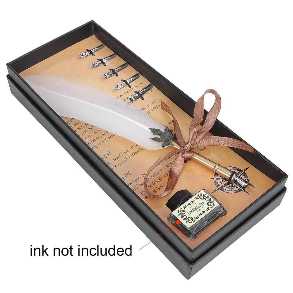 Retro Metal Pen Tube Stainless Steel Nibs Dip Writing Feather Pen with Packing Box(White)