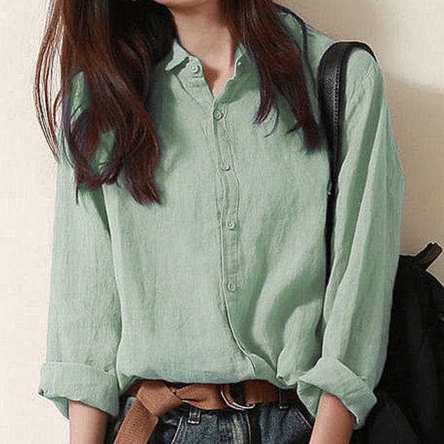 Women's Cotton Linen Long Sleeve Shirt - Spring/Summer 2025 Fashion, Elegant and Breathable Button Top XL green