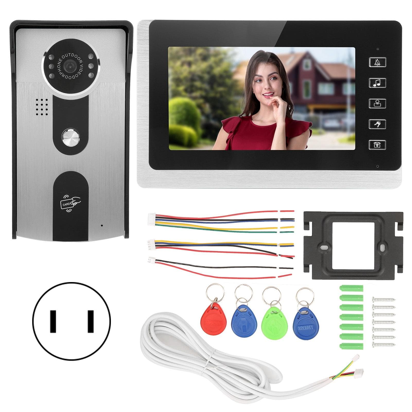 7in LCD Video Doorbell Wired 2 Way Radio Night Vision TFT Display ID Card Rainproof 100?240VUS Plug