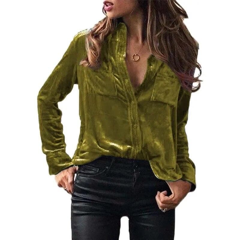 Fashion Long Sleeve Pockets Loose Women Blouse Elegant Solid Button Up Simple Shirt Woman Tops Spring Autumn Velvet Shirts 30538 L ultra