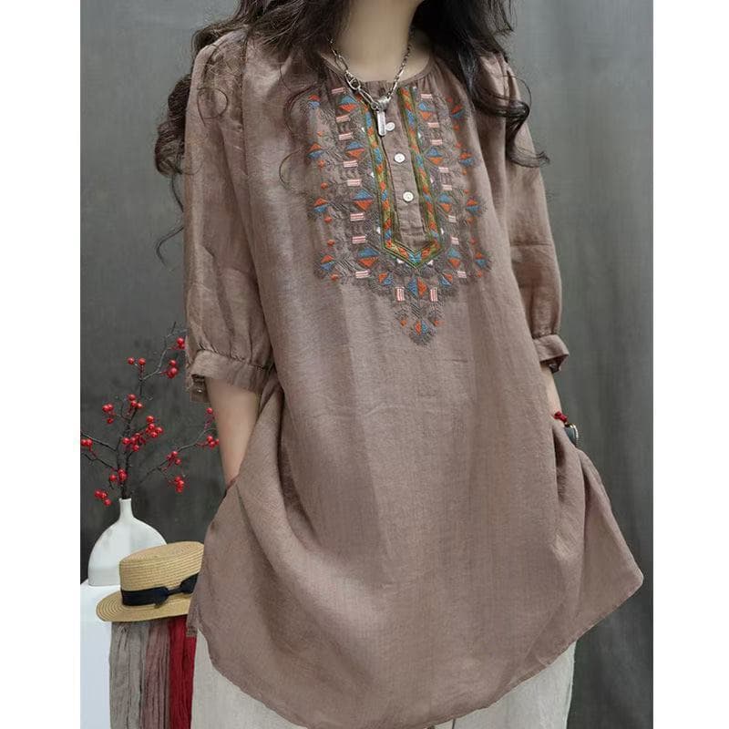 Limiguyue Ethnic Boho Embroidery Ramie Blouse Loose Split Women Summer Shirts Thin Causal Literary Female Long Tops Robe XL