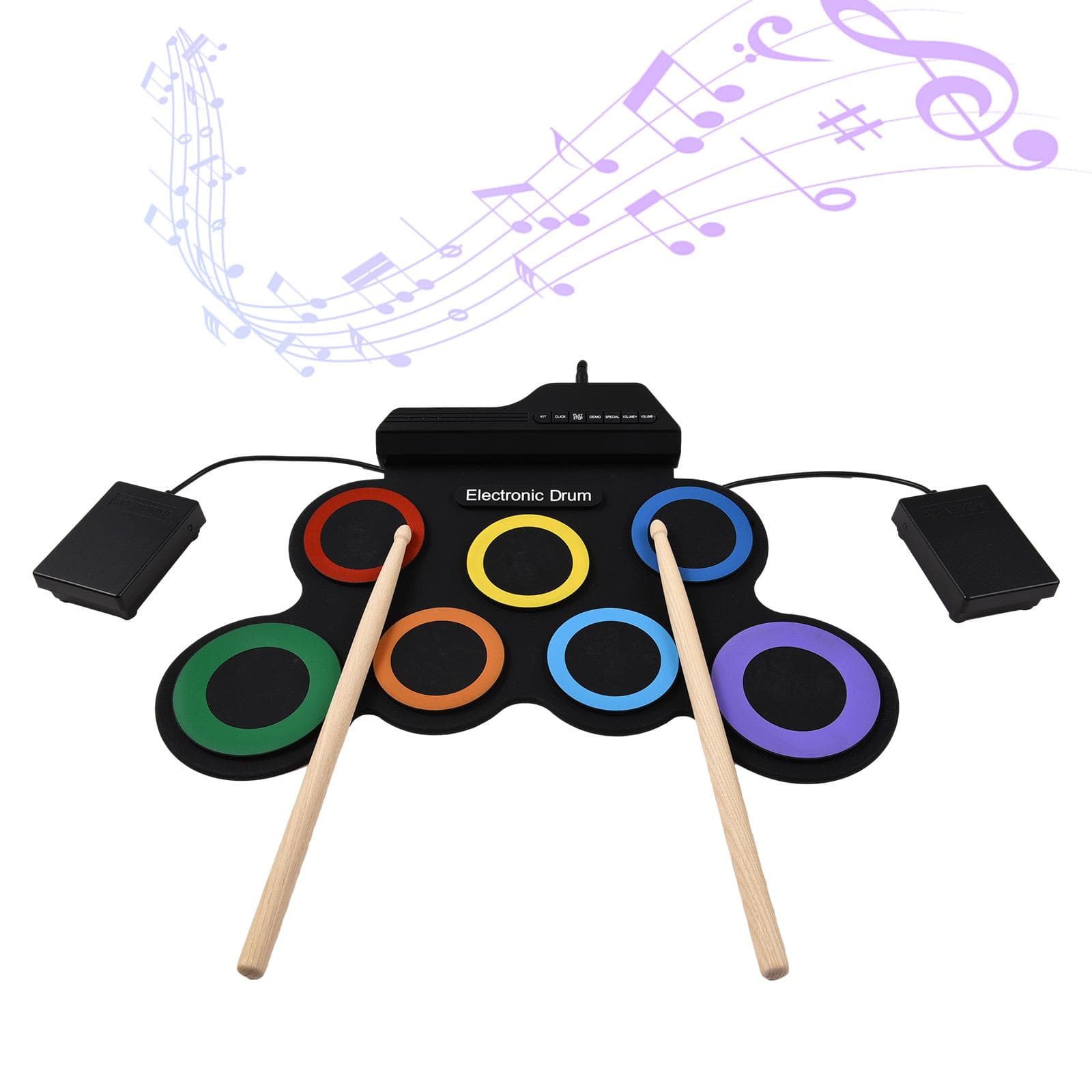 Electric Drum Set Portable Drum Pad Kit 7 Pads with Headphone Jack Pedals Drumsticks Holiday black