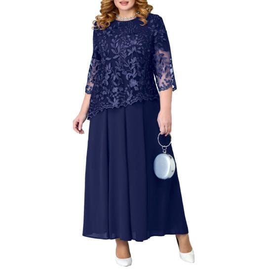 Women Dress Flower Embroidery See-through Lace Three Quarter Sleeve O Neck Fake Two-piece Loose Solid Color Plus Size Elegant Maxi Dress 2XL dark blue
