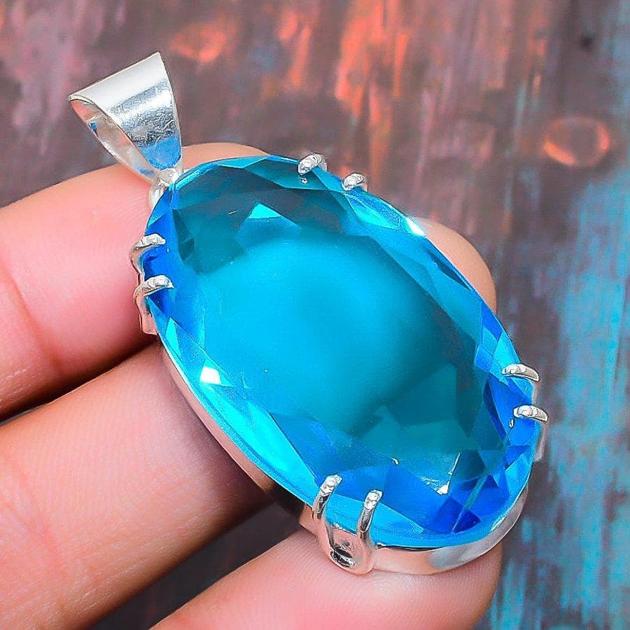 Amazing Swiss Blue Topaz Gemstone 925 Sterling Silver Handmade Pendant Jewelry 1.97 Inches blue