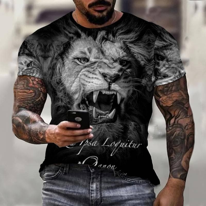Men's T-shirt Fashion 2022 New Summer 3D Printing Animal Lion Street Personality Wild Loose Oversize Black Top O Collar S