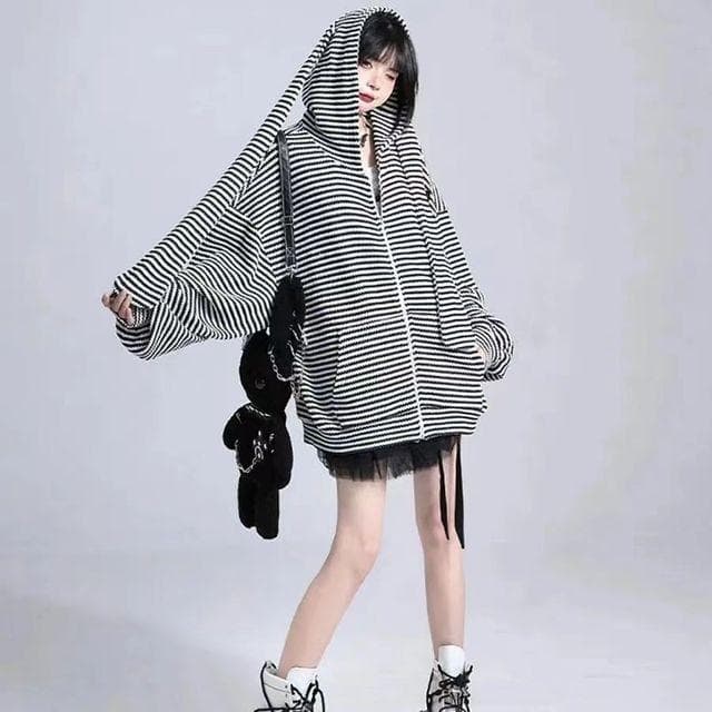Y2k Autumn Cute Loose Stripe Rabbit Ear Knitted Hoodies Women Hooded Zip Up Sweatshirts Cardigan Coat Kpop Kawaii Clothes One size black