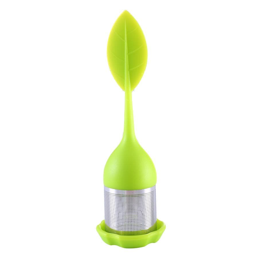 Tea Infuser - Stainless Steel Fine Mesh Tea Filter with BPA-Free Silicone Leaf Handle and Drip Tray for all Loose Leaf Tea green