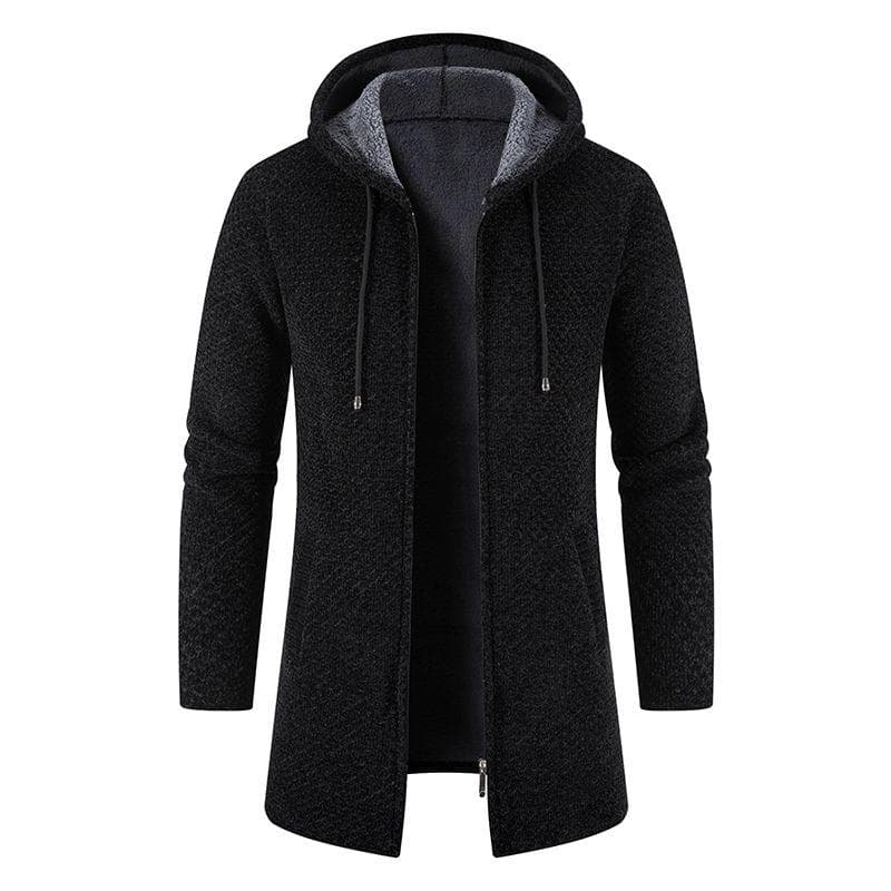 Men's Sweater Winter Mid Length Jacket Thickened and Plush Hooded Knitted Cardigan Loose Fit 4XL