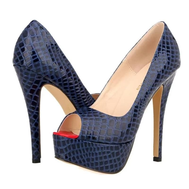 Women Sexy Pumps Shoes Peep Toe Platform High Heels New 14cm Crocodile Pattern Shallow Party Dress Work Ladies Red Wedding Shoes 44 blue