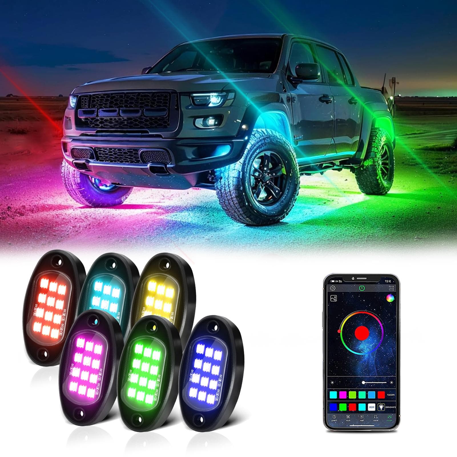 LED Rock Lights 8pcs Multicolor LED Lights Brightness Adjustment Waterproof with APP BT Sync with 6pcs black