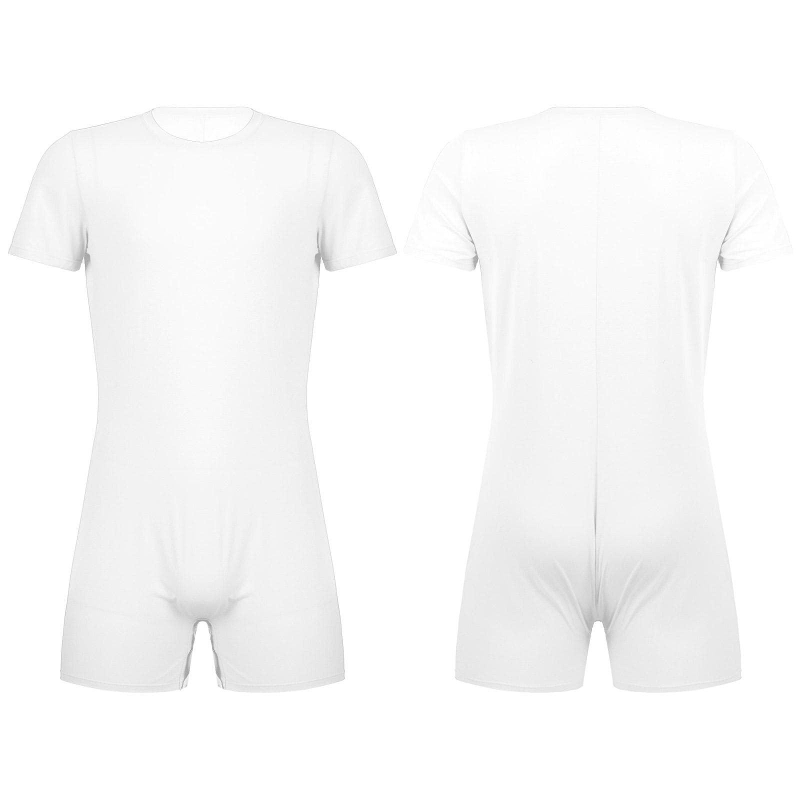 Men's One Piece Short Sleeve Press Crotch T-shirt Bodysuit Romper Diaper Pajamas M white