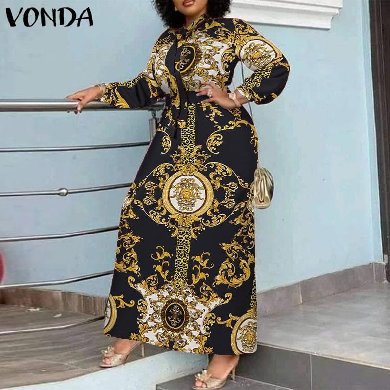 VONDA Women Turtleneck Long Puff Sleeve Casual Loose Long Dress S black