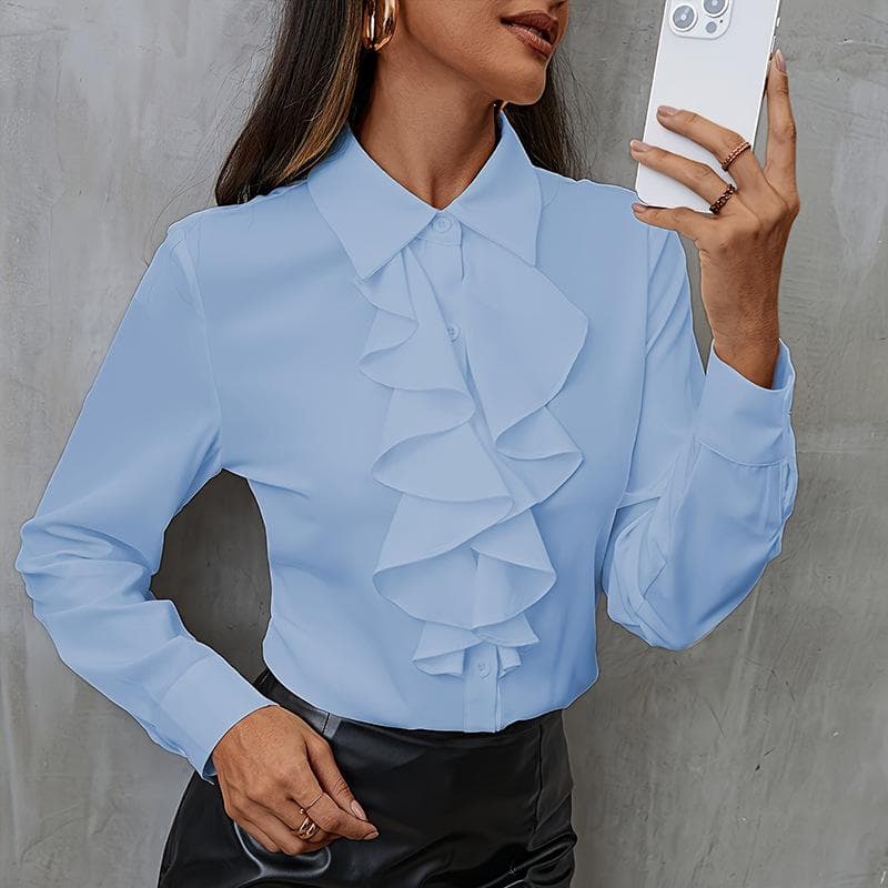 YYFS Women's Fashion Casual Spring Autumn Solid Color Print Long Sleeve POLO Neck Blouses & Shirts S light blue
