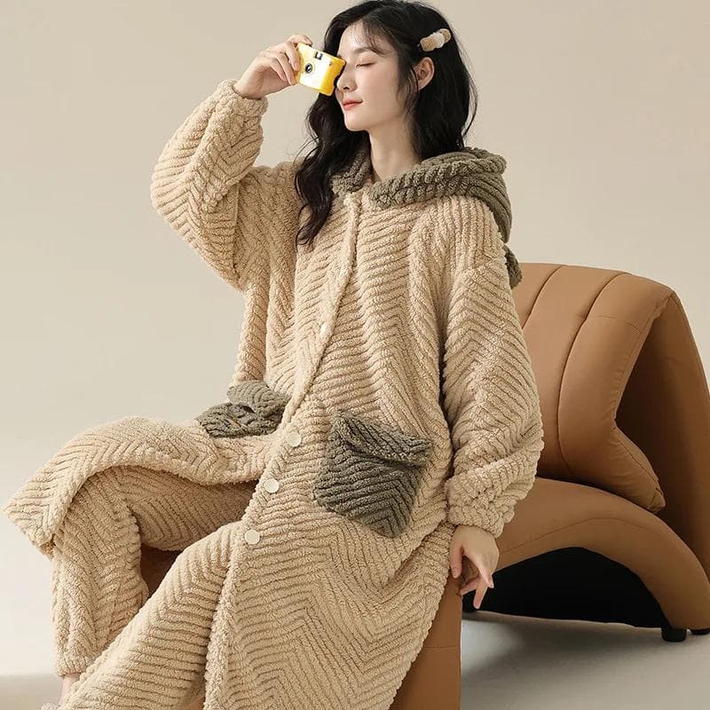 Winter New Thickening Cardigan Long Sleeve 2 Piece Outfit Set Women Flannel Home Clothing with Hood Cartoon Cute Lounge Set M