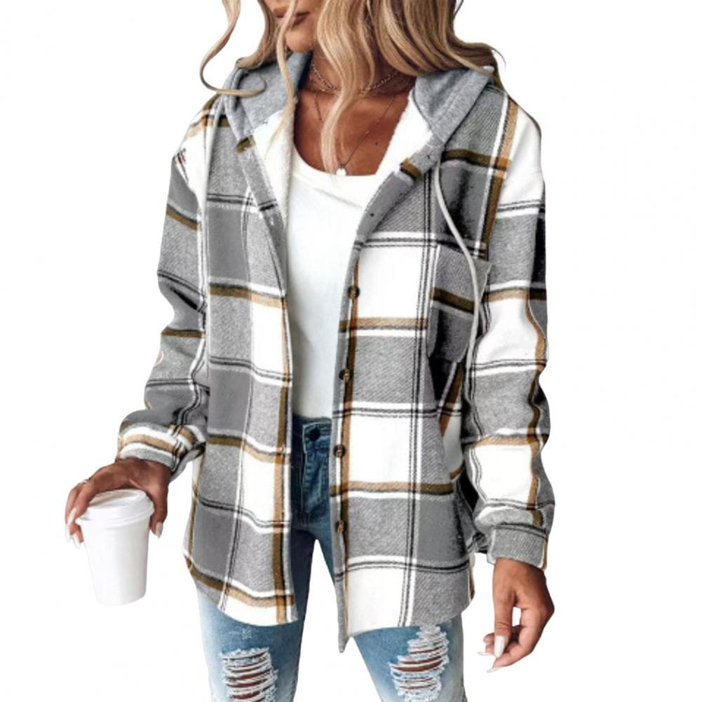 Women's Plaid Print Cardigan Long Sleeves Single-Breasted Thick Plush Warm Drawstring Hoodie Daily Casual Coat Fall Winter XXL light grey
