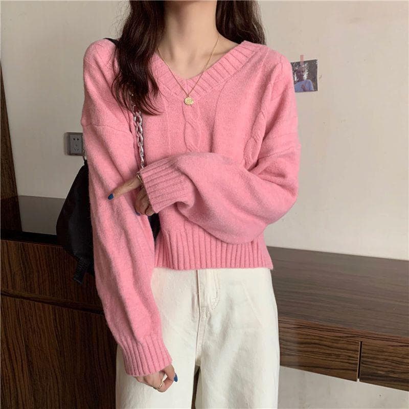 V-Neck Pullover Sweater Women's Solid Thread Woolen Long Sleeve Soft Spring Autumn Knitted Top XL pink