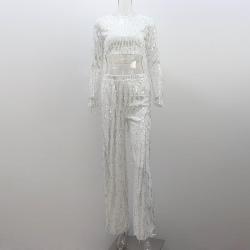 Tassel Sequin Women 2Piece Sets Silver Bright Silk O-neck Crop Tops Wide Leg Pants Female Pant Suits Fashion Street Lady Set Legant Party Sexy Outfits S