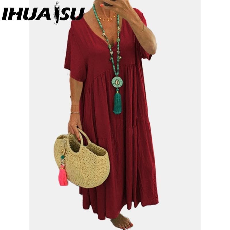 IHUASU Women Summer Fashion Solid V-Neck Plus Size Dress Loose Long Oversized Casual Short Sleeve Dress S burgundy