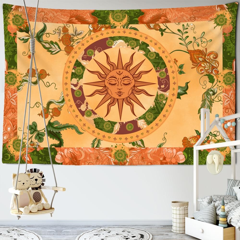 Retro Burning Sun Tapestry Wall Hanging Vine Hippie Mandala Mystery Witchcraft Room Artist Home Decor 95x70cm
