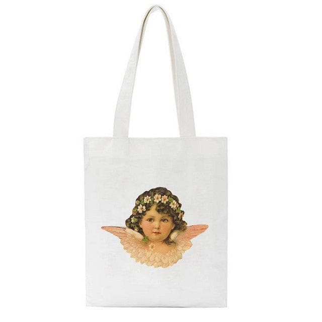 Fiorucci Letter Angel Cartoon Casual Vintage Large-capacity Fashion Harajuku Canvas Bag Hip Hop Shopping Bag Women Shoulder Bags 31*36cm