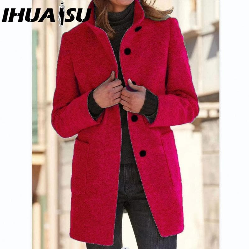 IHUASU Women's Vintage Casual lattice Print Autumn Winter Long Sleeve POLO Neck Jackets & Coats L red