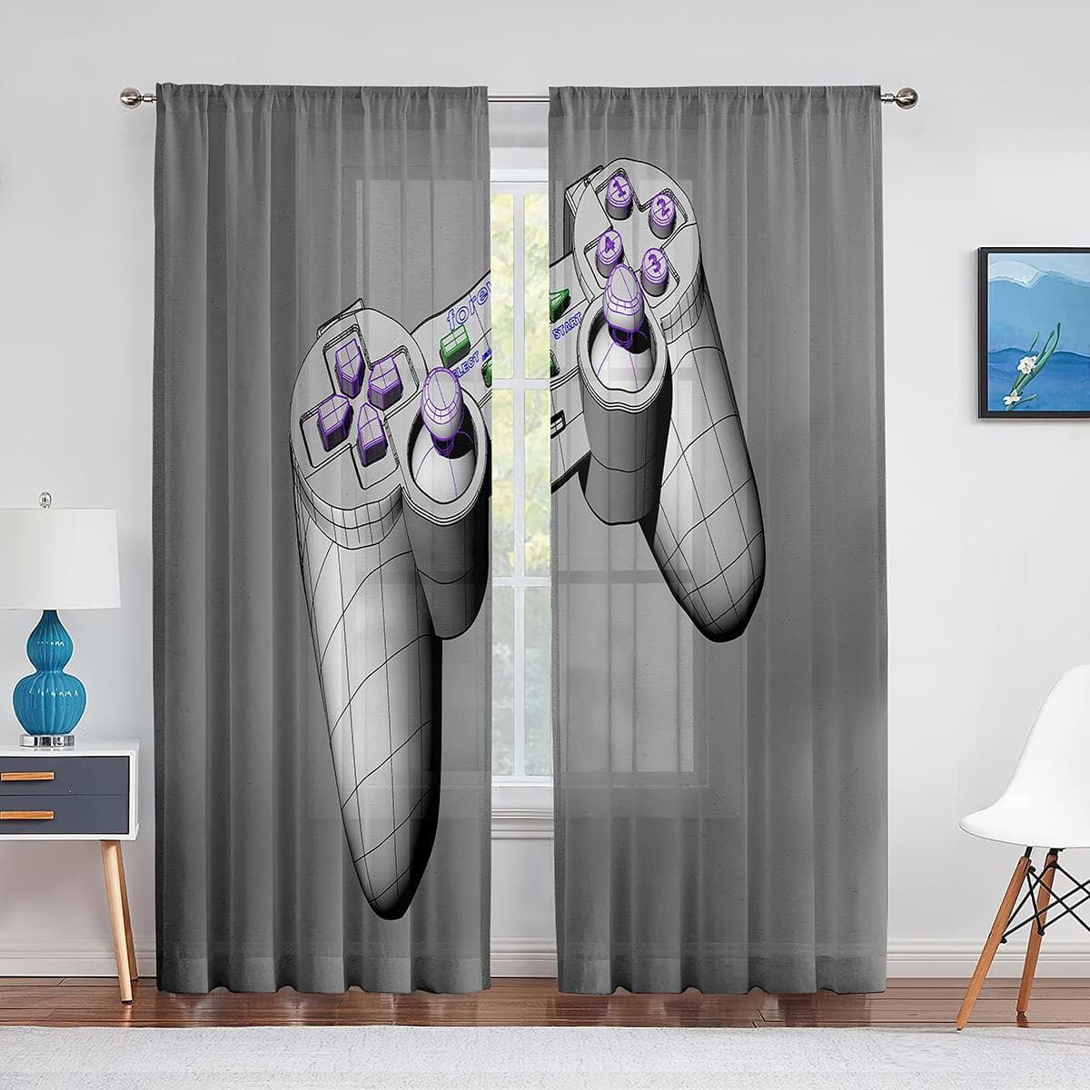 Boys Gamer Tulle Curtains for Living Room Decor Gaming Controller Video Game for Kids Sheer Voile Curtain Window Drapes Blinds 1 PCS W300XH250cm&Rod Pocket