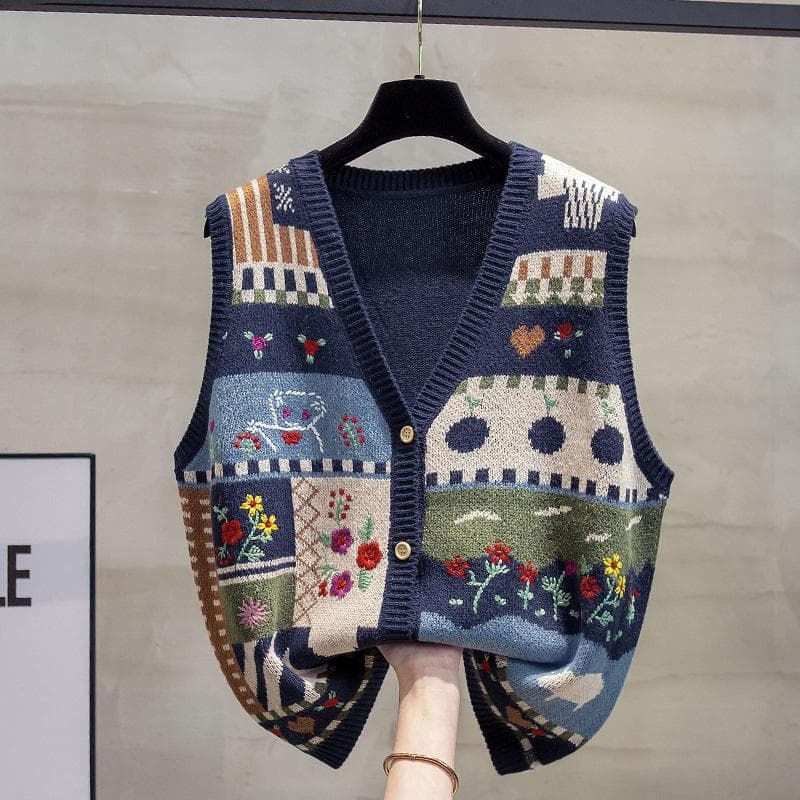 V-neck Knitted Cardigan Vest Vest Women's Autumn Loose Outer Wear Vest Graffiti Wool Waistcoat XL navy blue