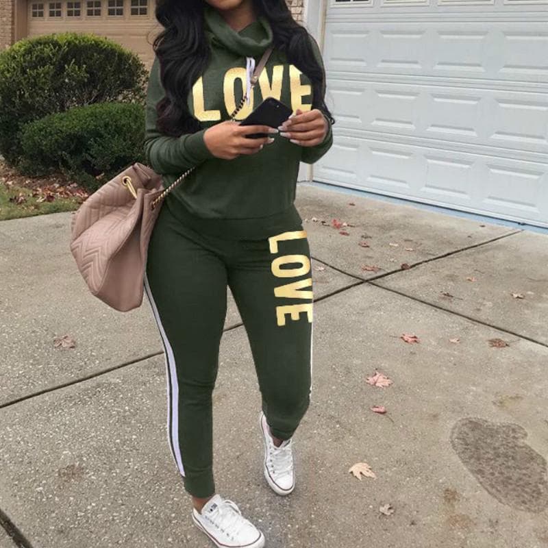 Women Two Pieces Clothes Long Sleeve Sweater Pant Casual Sportswear Suits M army green